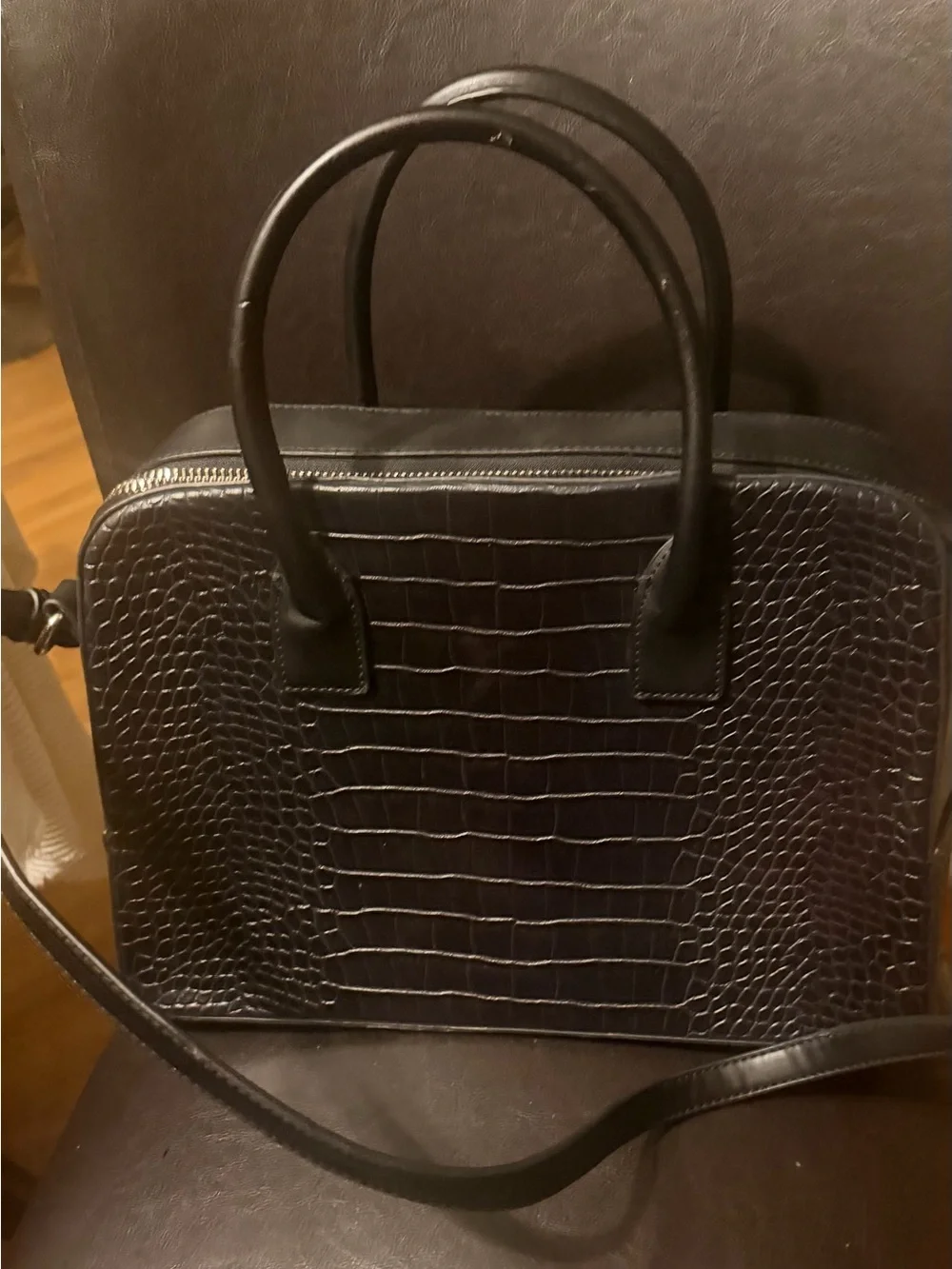 Mango Black Croc-Embossed Satchel with Top Handles